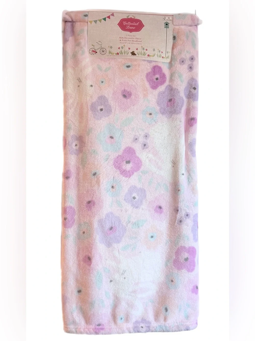 Soft Plush Pink/Purple/Pastel Bunny Throw Blanket & Floral Bunny Headband